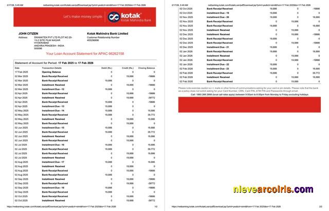 India Kotak Mahindra Bank account statement Word and PDF, 2 pages